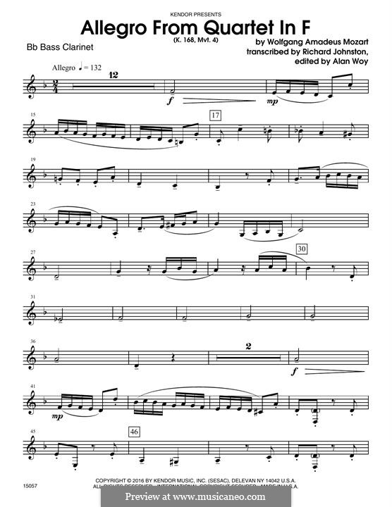 String Quartet No.8 in F Major, K.168: Allegro, for woodwind ensemble – Bb Bass Clarinet part by Wolfgang Amadeus Mozart