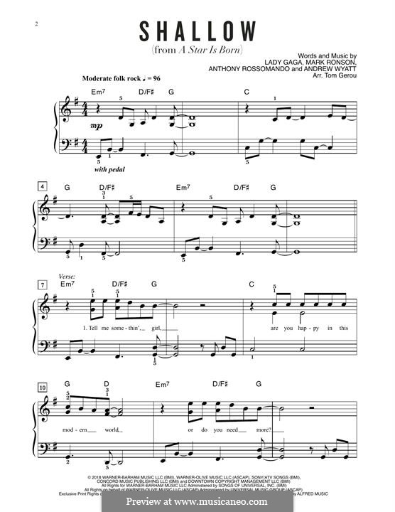 Shallow (from A Star Is Born) Lady Gaga & Bradley Cooper: Para Piano by Andrew Wyatt, Anthony Rossomando, Mark Ronson, Stefani Germanotta