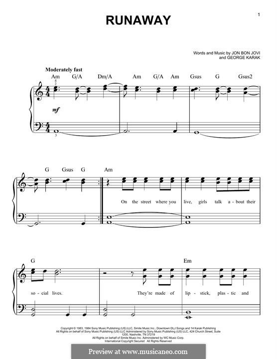 Runaway (Bon Jovi): Facil para o piano by George Karakoglou, Jon Bon Jovi