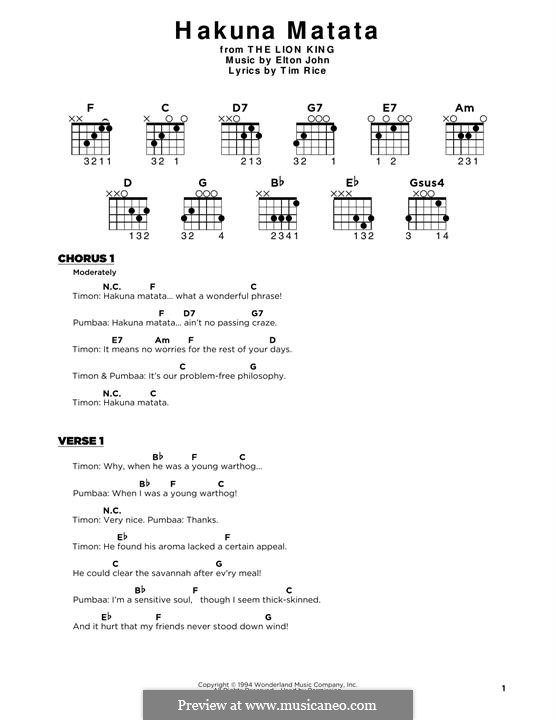 Hakuna Matata (from The Lion King): Lyrics and guitar chords by Elton John