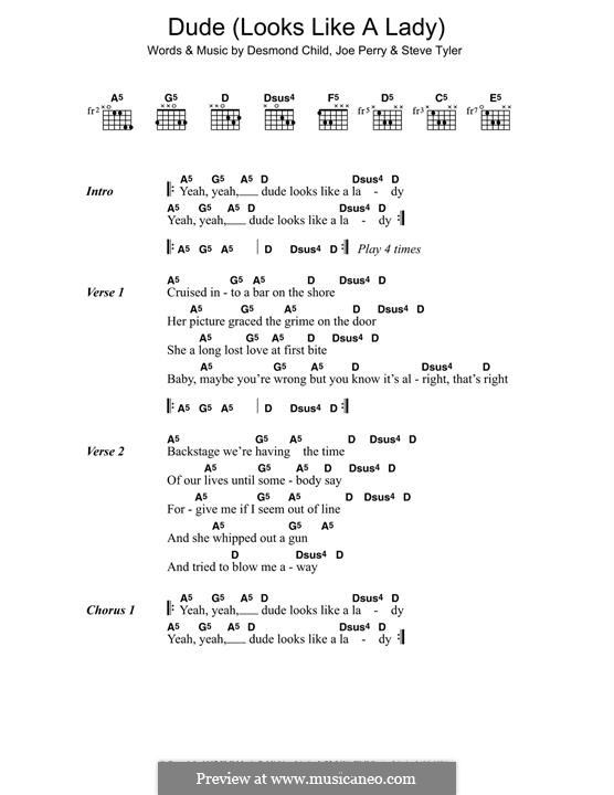 Dude (Looks Like a Lady) Aerosmith: Lyrics and guitar chords by Desmond Child, Joe Perry, Steven Tyler