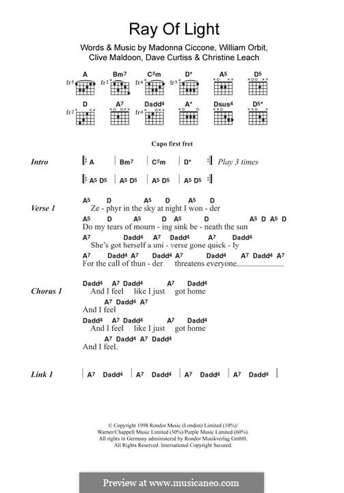 Ray of Light: Lyrics and guitar chords by Madonna, Christine Leach, Clive Maldoon, Dave Curtiss, William Orbit