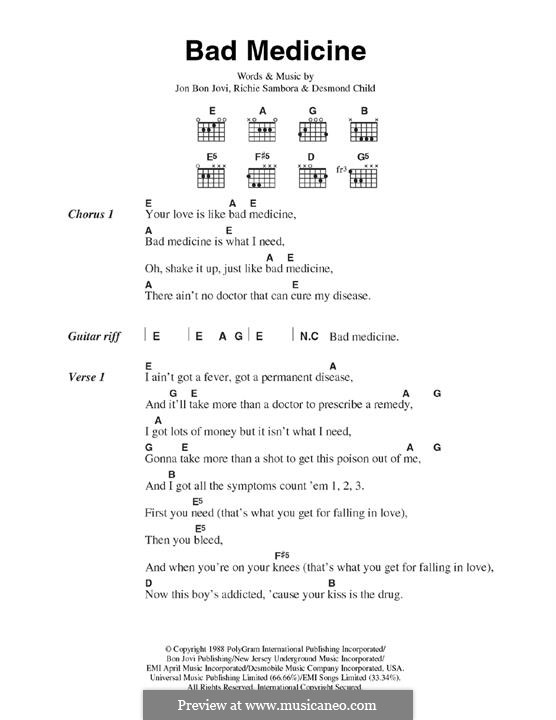 Bad Medicine (Bon Jovi): Lyrics and guitar chords by Desmond Child, Jon Bon Jovi, Richie Sambora