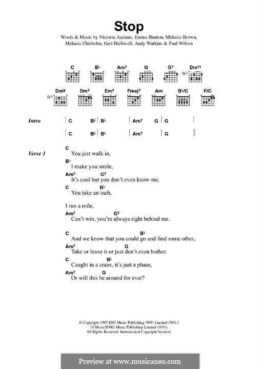 Stop (The Spice Girls): Lyrics and guitar chords by Andy Watkins, Emma Bunton, Geri Halliwell, Melanie Brown, Melanie C, Paul Wilson, Victoria Adams