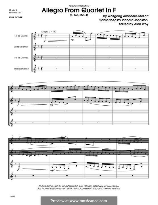 String Quartet No.8 in F Major, K.168: Allegro, for woodwind ensemble – full score by Wolfgang Amadeus Mozart