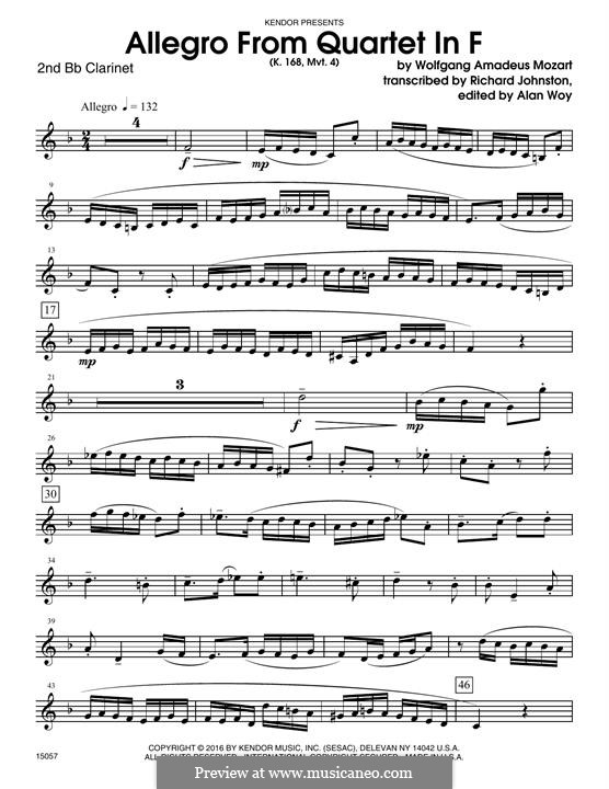 String Quartet No.8 in F Major, K.168: Allegro, for woodwind ensemble – 2nd Bb Clarinet part by Wolfgang Amadeus Mozart