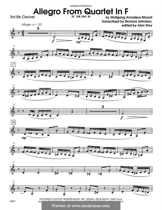 String Quartet No.8 in F Major, K.168: Allegro, for woodwind ensemble – 3rd Bb Clarinet part by Wolfgang Amadeus Mozart