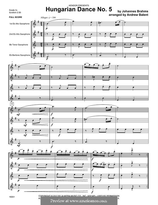 Dance No.5 in F Sharp Minor (Printable scores): For woodwind – full score by Johannes Brahms