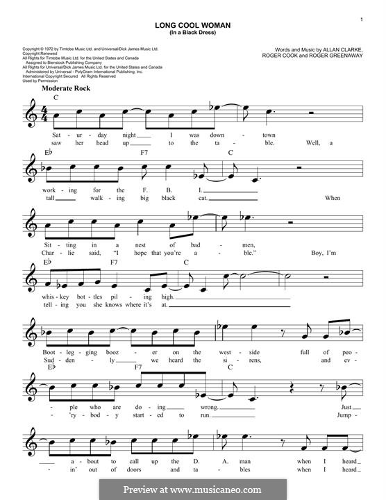 Long Cool Woman (In a Black Dress): para teclado by Allan Clarke, Roger Cook, Roger Greenaway