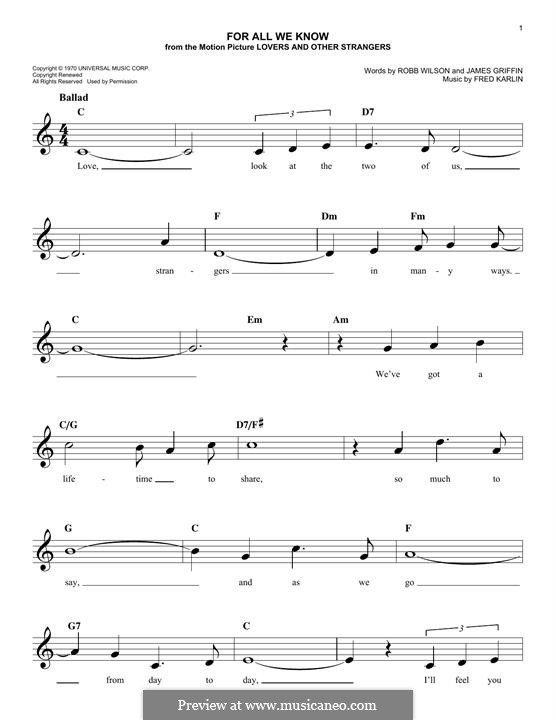 For All We Know (Carpenters): para teclado by Fred Karlin, Jimmy Griffin, Robert Wilson