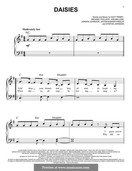 Daisies (Katy Perry): Para Piano by Jacob Kasher Hindlin, Katy Perry, Jonathan Bellion, Stefan Johnson, Jordan Johnson, Michael Pollack