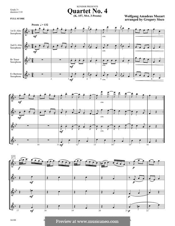 String Quartet No.4 in C Major, K.157: Movement 3 Presto, for saxophone quartet – full score by Wolfgang Amadeus Mozart