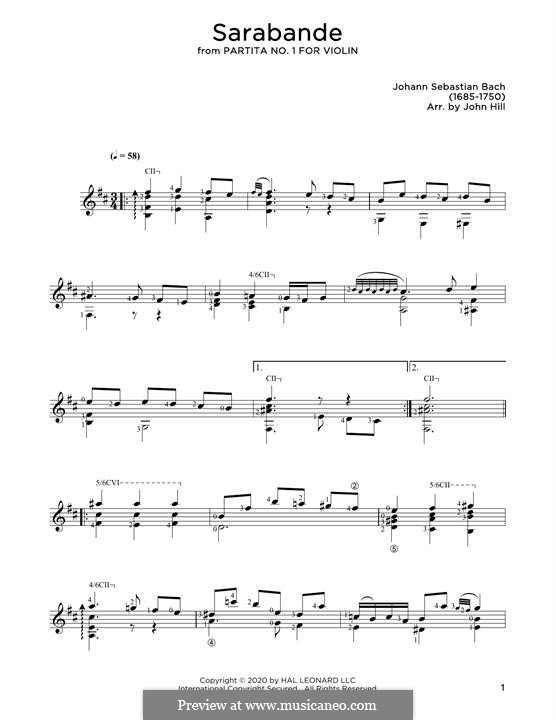 Partita for Violin No.1 in B Minor, BWV 1002: Sarabande. Version for guitar by Johann Sebastian Bach