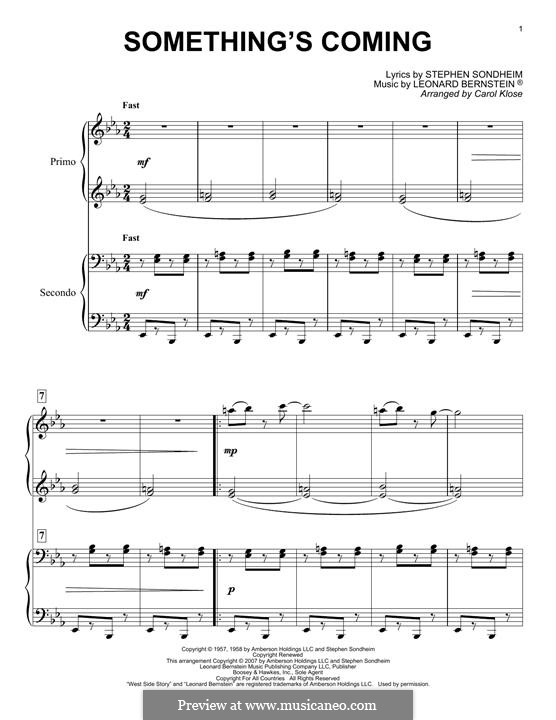 Something's Coming: para piano de quadro mãos by Leonard Bernstein