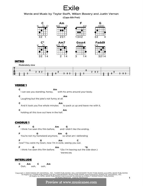 Exile (feat. Bon Iver): Lyrics and guitar chords by Justin Vernon, Taylor Swift, William Bowery
