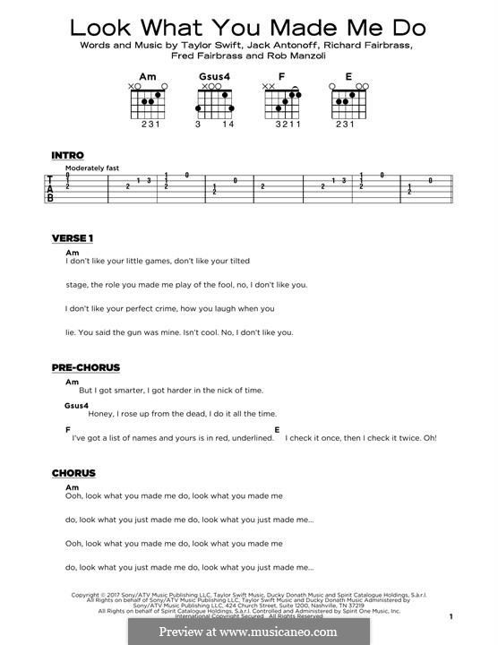 Look What You Made Me Do (Taylor Swift): Lyrics and guitar chords by Richard Fairbrass, Rob Manzoli, Taylor Swift, Jack Antonoff, Fred Fairbrass