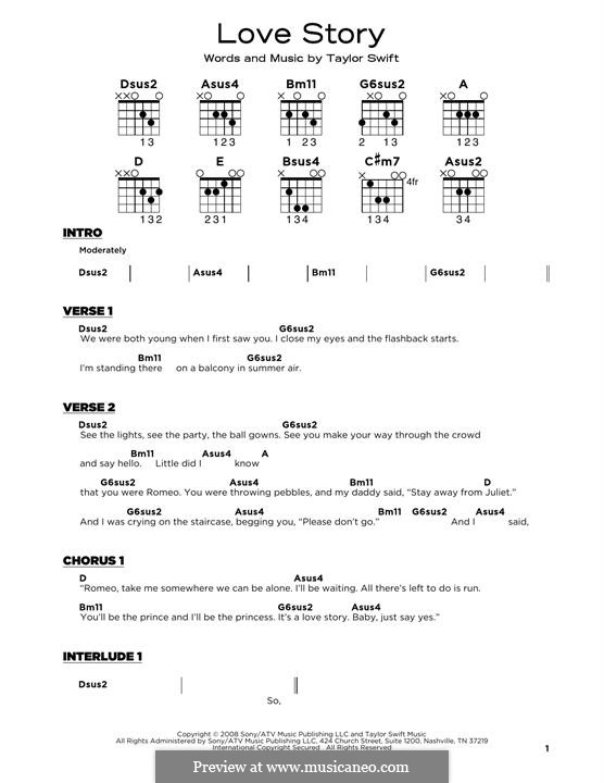 Love Story: Lyrics and guitar chords by Taylor Swift