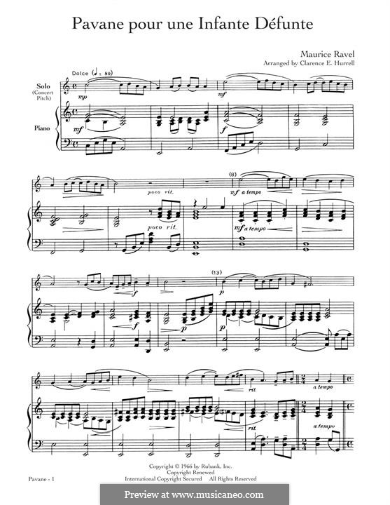 Pavane pour une infante défunte (Pavane for a Dead Princess), M.19: For horn and piano by Maurice Ravel