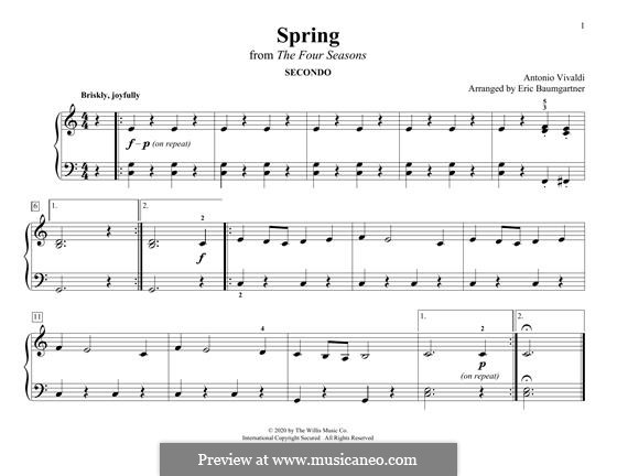 Violin Concerto No.1 in E Major 'La primavera' (Printable Scores), RV 269: Movement I (Theme), for piano four hands by Antonio Vivaldi