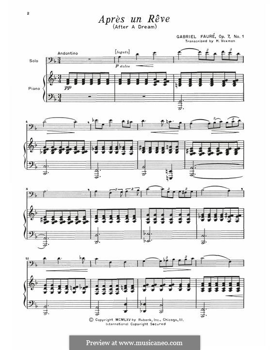 Three Songs, Op.7: No.1 Après un rêve, for trombone and piano by Gabriel Fauré