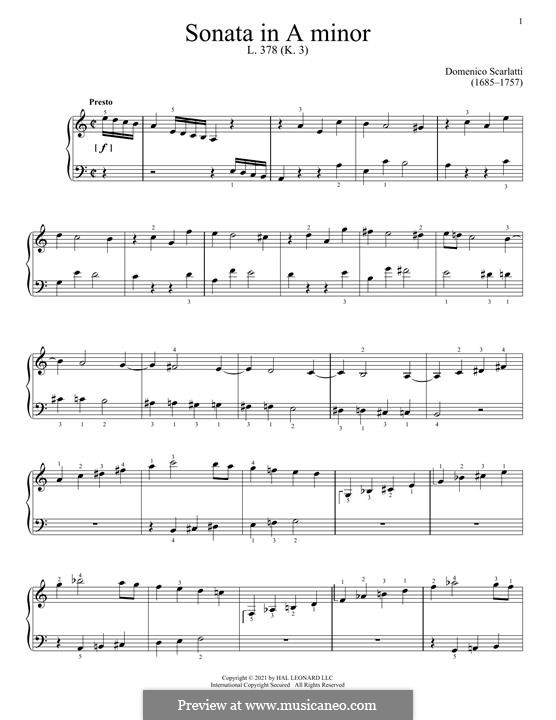 Sonata No.378 in A Minor, K.3 L.378 P.59: Para Piano by Domenico Scarlatti