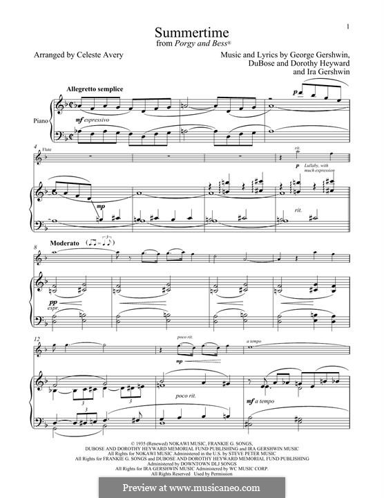 Summertime, for two instruments: para flauta e piano by George Gershwin
