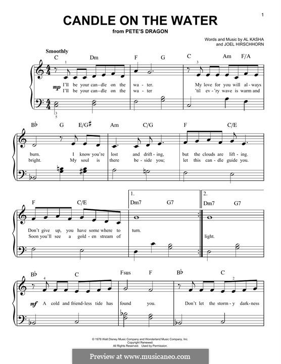 Candle on the Water (from Walt Disney's Pete's Dragon): Para Piano by Al Kasha, Joel Hirschhorn