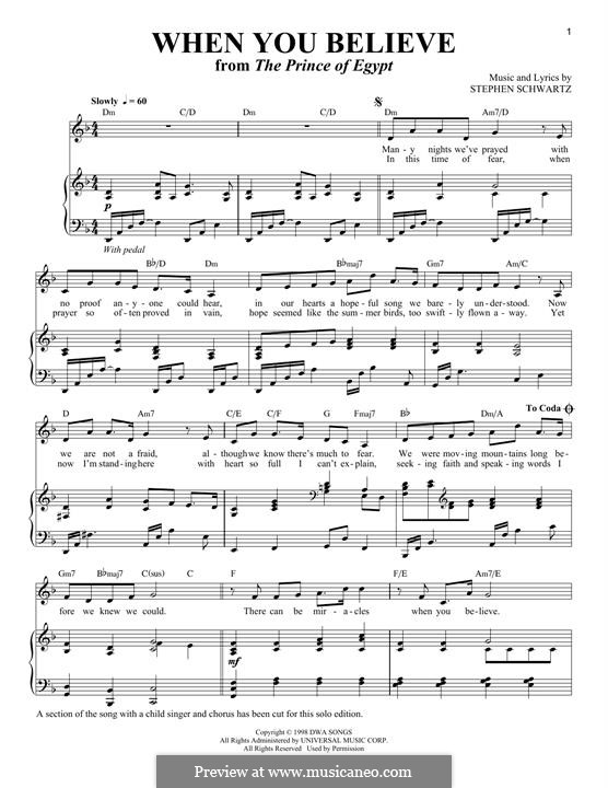 When You Believe (from The Prince of Egypt): For voice and piano (solo version) by Stephen Schwartz