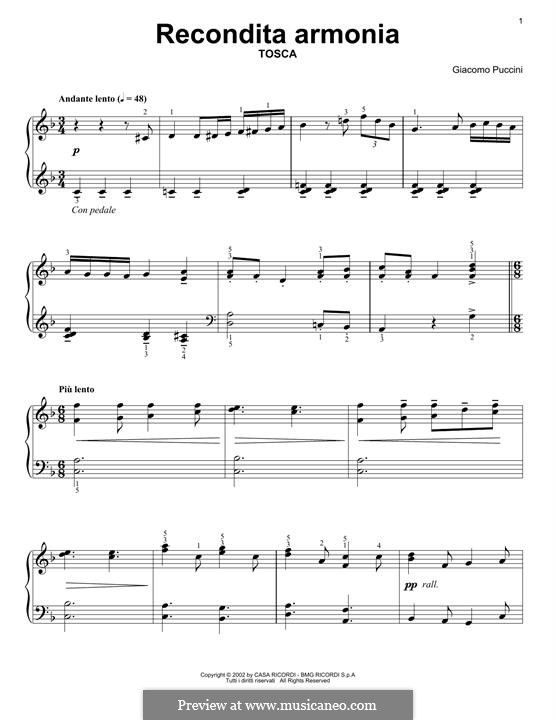 Tosca: Recondita armonia, for piano by Giacomo Puccini