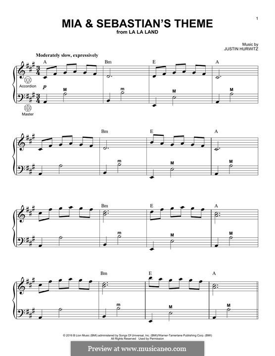 Mia and Sebastian's Theme (from La La Land): para acordeão by Justin Hurwitz