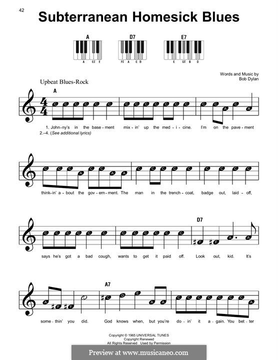 Subterranean Homesick Blues: Facil para o piano by Bob Dylan
