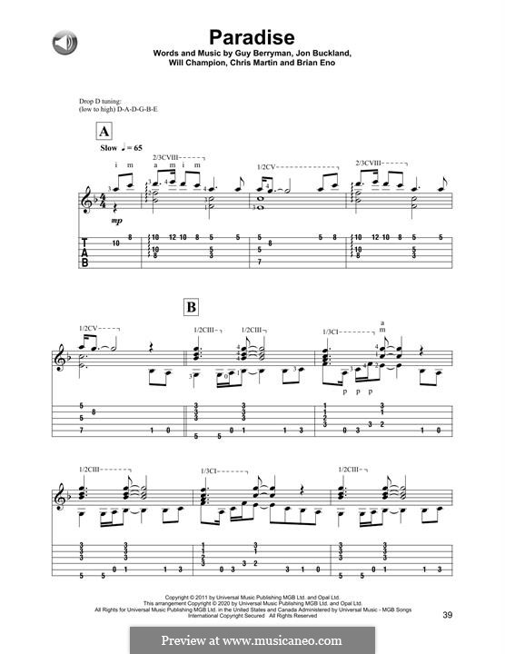 Paradise (Coldplay): Para Guitarra by Brian Eno, Chris Martin, Guy Berryman, Jonny Buckland, Will Champion