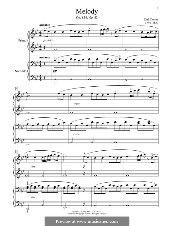 Practical Method for Playing in Correct Time for Piano Four Hands, Op.824: No.43 Melody by Carl Czerny