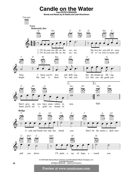 Candle on the Water (from Walt Disney's Pete's Dragon): para ukulele by Al Kasha, Joel Hirschhorn