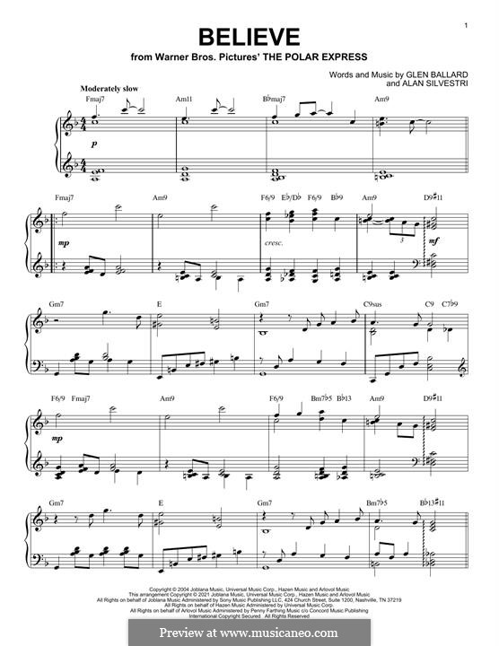 Believe (from The Polar Express): For piano (jazz version) by Alan Silvestri, Glen Ballard