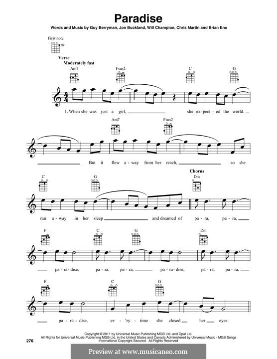 Paradise (Coldplay): para ukulele by Brian Eno, Chris Martin, Guy Berryman, Jonny Buckland, Will Champion