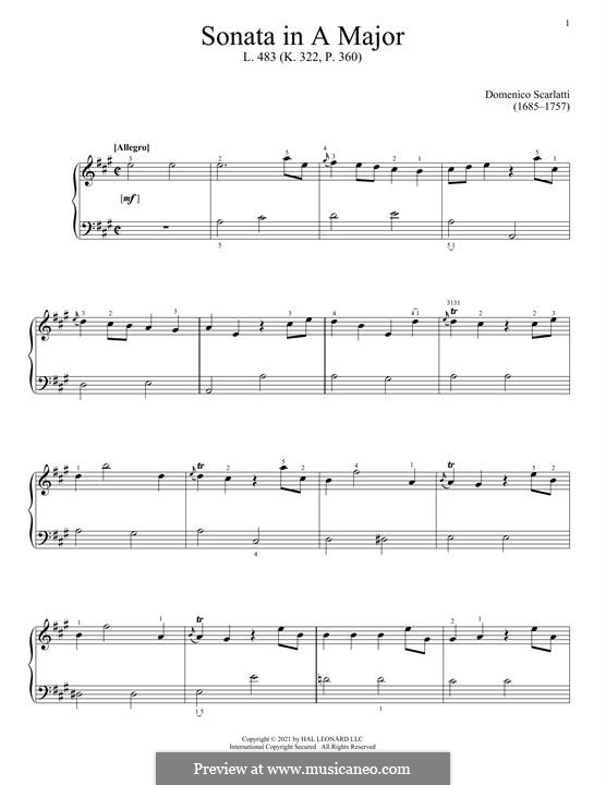 Sonata No.483 in A Major, K.322 L.483 P.360: Para Piano by Domenico Scarlatti