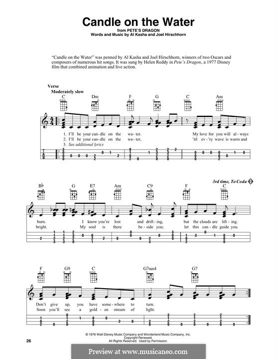 Candle on the Water (from Walt Disney's Pete's Dragon): para ukulele by Al Kasha, Joel Hirschhorn