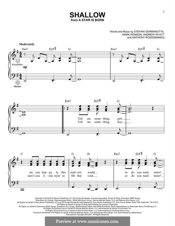 Shallow (from A Star Is Born) Lady Gaga & Bradley Cooper: para acordeão by Andrew Wyatt, Anthony Rossomando, Mark Ronson, Stefani Germanotta