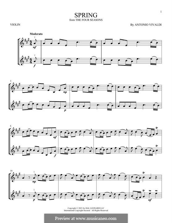 Violin Concerto No.1 in E Major 'La primavera' (Printable Scores), RV 269: Movement I (Theme), for two violins by Antonio Vivaldi