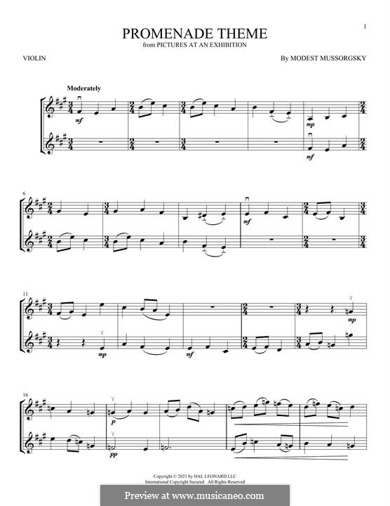 Promenade I: Theme, for two violins by Modest Mussorgsky