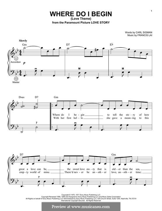 Where Do I Begin (Theme from Love Story): para acordeão by Francis Lai