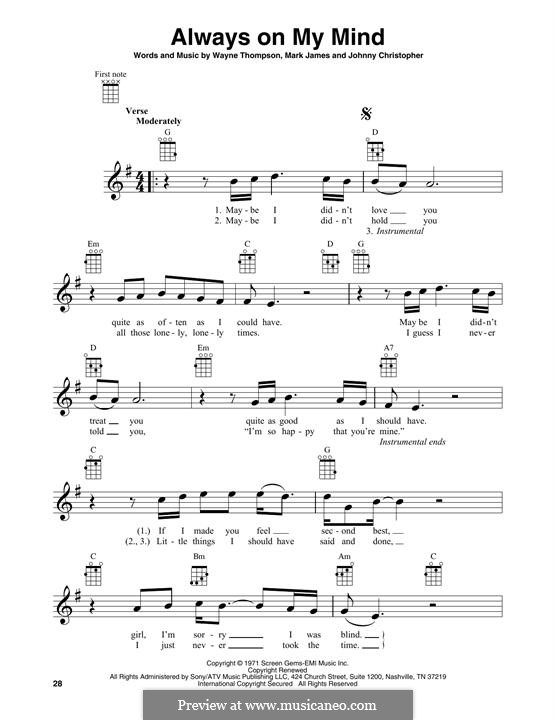 Always on My Mind: para ukulele by Johnny Christopher, Mark James, Wayne Carson Thompson