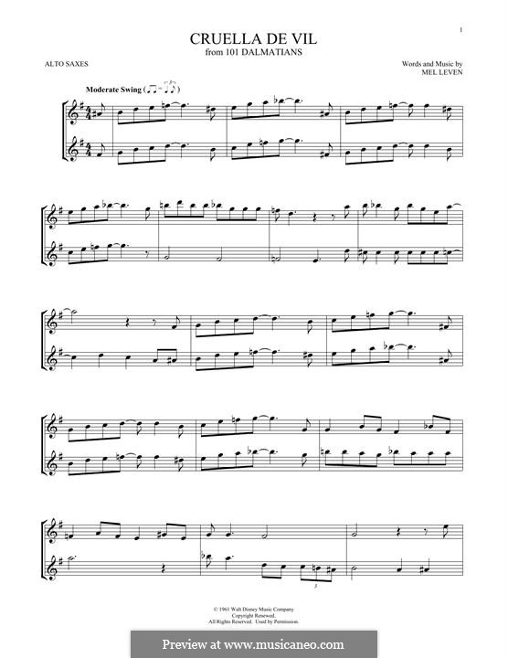 Cruella de Vil (from 101 Dalmatians): para dois alto saxophones by Mel Leven