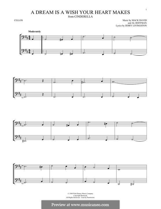 A Dream Is a Wish Your Heart Makes (from Disney's Cinderella): para dois violoncelo by Al Hoffman, Jerry Livingston, Mack David
