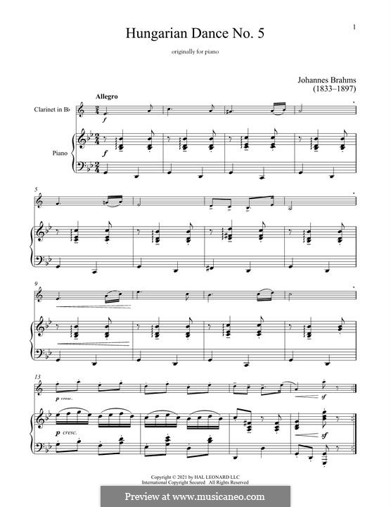 Dance No.5 in F Sharp Minor (Printable scores): para clarinete e piano by Johannes Brahms