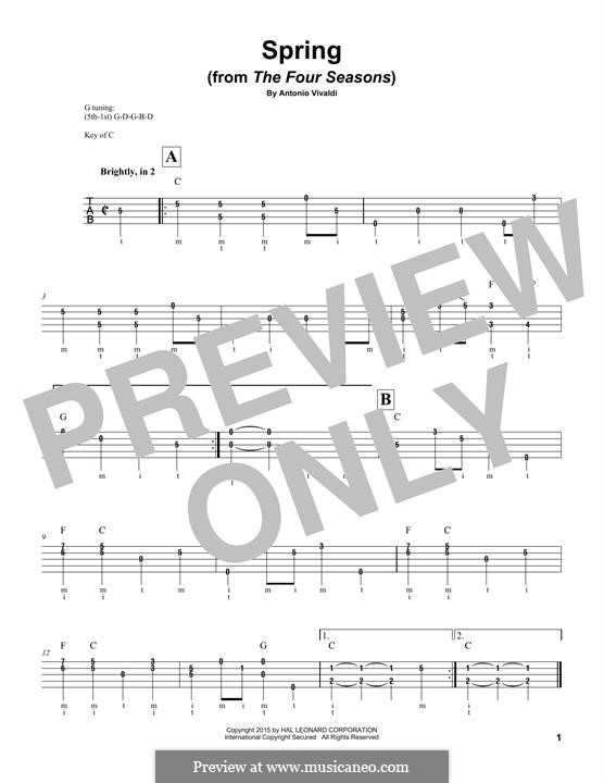 Violin Concerto No.1 in E Major 'La primavera' (Printable Scores), RV 269: Movement I (Theme), for banjo by Antonio Vivaldi