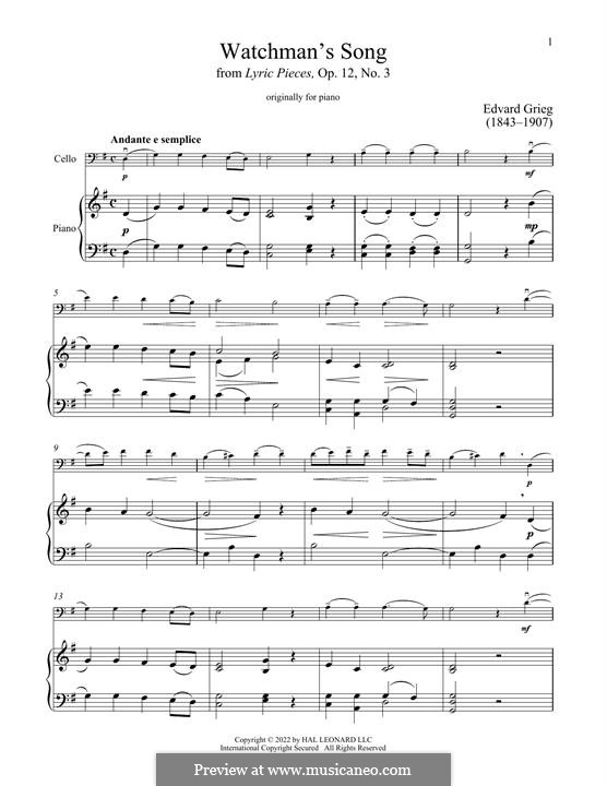 Lyric Pieces, Op.12: No.3 Watchman's Song, for cello and piano by Edvard Grieg