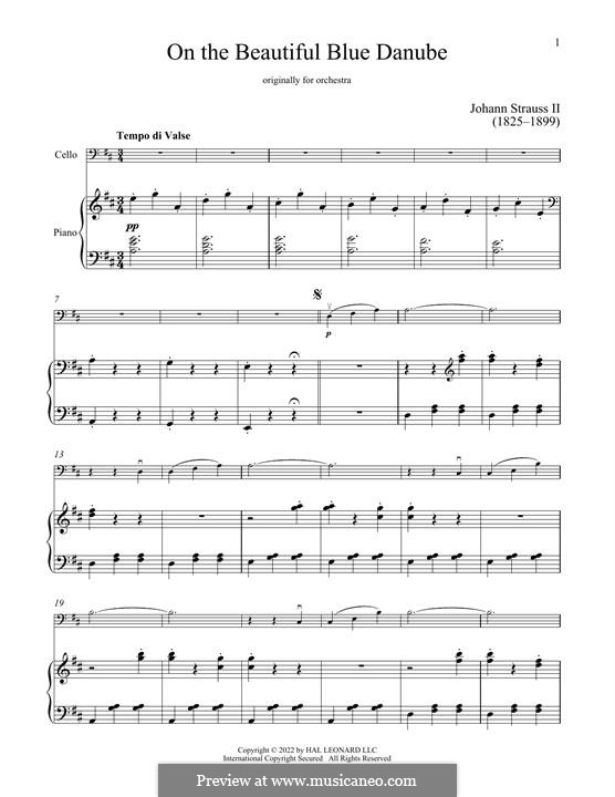 On the Beautiful Blue Danube (Printable Scores), Op.314: para Violoncelo e piano by Johann Strauss (Sohn)