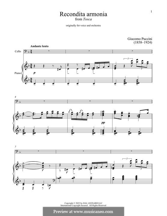 Tosca: Recondita armonia, for cello and piano by Giacomo Puccini